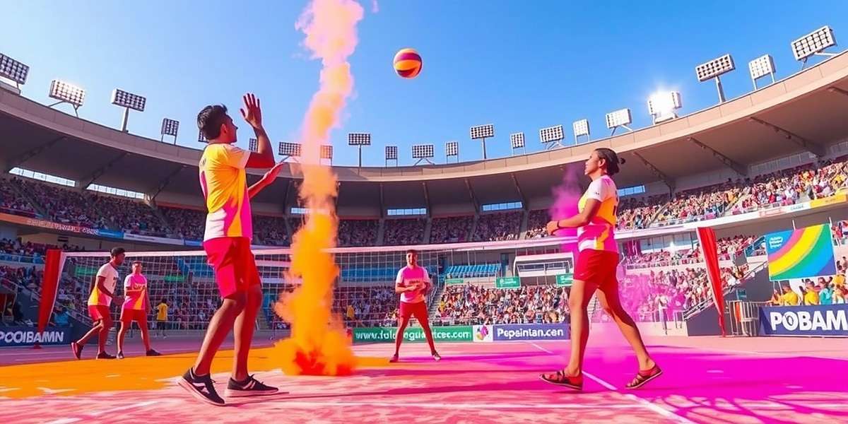 Holi Celebration in Bollywood Volley Stars Bollywood Volley Stars Holi event with players covered in colored powder and a vibrant, festive stadium