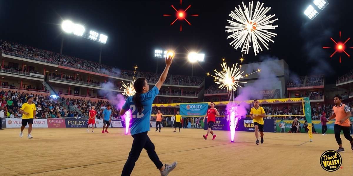 Diwali Event in Bollywood Volley Stars Bollywood Volley Stars Diwali event with a stadium decorated with diyas and lights, and players using firecracker power-ups